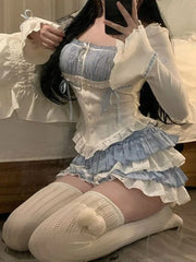 Voguable Autumn Japanese Style Kawaii 2 Piece Skirt Set Women Slim Casual Tops + Sexy Bodycon Mini Cake Skirt Party Fashion Suit voguable