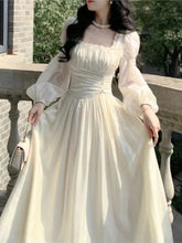 Autumn Vintage 2025 Sweet Beige Square Neck Princess Dress New French Style High Waist Slim Pleated Evening Long Dress Chic New voguable