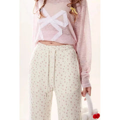 Bow Lace Floral Trousers for Women in Spring and Autumn New Casual Trousers Slim Pants for Daily Korean voguable