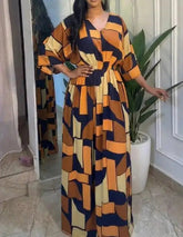 Voguable Spring/Summer New Collection Color blocked Geometric Print V-neck Bat Sleeve Ruffle Tank Top Casual Waist Wide Leg jumpsuit voguable