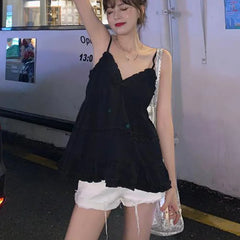 Voguable Preppy Style Short Tank for Women Summer Ruffles Design White Camisole Woman Japanese Sweet Beach Sleeveless V-Neck Tops voguable