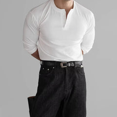 New American Fashion Men Henry Collar T-shirt Light Luxury Solid Color Long Sleeve Tops Leisure Light Business Basic Shirt M-3XL voguable