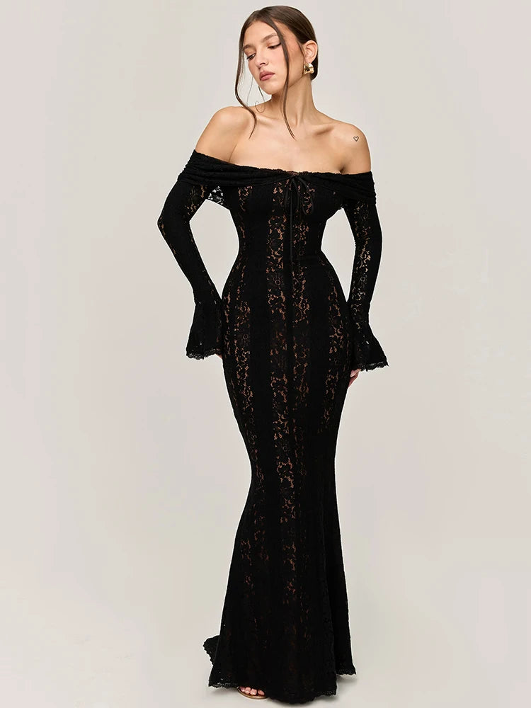 Lace Off-shoulder Sexy Maxi Dress Women Strapless Backless Long Sleeve Bodycon Evening Club Party Long Dress Elegant voguable