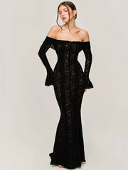 Mozision Lace Off-shoulder Sexy Maxi Dress Women Strapless Backless Long Sleeve Bodycon Evening Club Party Long Dress Elegant voguable