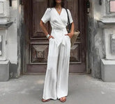 Voguable Spring/Summer New Women's Fashion Style Commuter Irregular Hem Sleeve White Waist Top and Pants Two Piece Set voguable