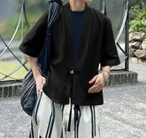 Men Shirt Solid Color V Neck Half Sleeve Casual Cardigan Men 2025 Oversize Pleated Fashion Male Tops Shirts Streetwear voguable