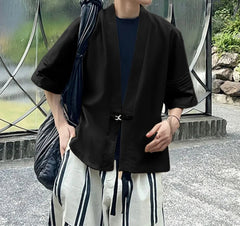 Men Shirt Solid Color V Neck Half Sleeve Casual Cardigan Men 2025 Oversize Pleated Fashion Male Tops Shirts Streetwear voguable