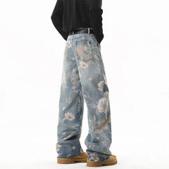 NEW JEANS American hip-hop men and women trendy retro floral print straight leg jeans couples loose wide leg casual pants