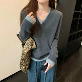 Voguable Contrast Color V-neck Slimming Fake Two-piece Knitted Sweater Autumn Winter New Long-sleeved Bottoming Top Women voguable