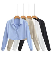 Voguable New Fashion Women Solid Cropped Satin Shirt Vintage Long Sleeve Front Button Female Blouse High Street Chic Tops voguable