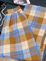 Vintage Fall Plaid Wide Leg Pants Women Casual Loose High Waist Retro Trousers American Pockets Lady High Quality Straight Pant voguable