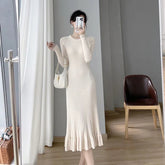 Apricot Knitted Ruffles Dress Women Korean Autumn Elegant Slim Long Sleeve Midi Dress Solid Streetwear Casual A Line Dress voguable