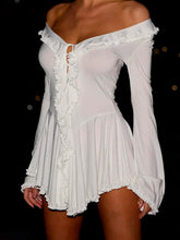 Voguable Sexy Y2K Lace-Up Ruffles Summer Dress Women Fashion Flare Sleeve Slash Neck Asymmetrical Pleated Party Dresses Mini Robe voguable