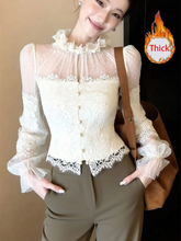 Voguable Sexy Lace Patchwork Shirts Women Long Sleeve Slim Fit Ruffles Stand Collar Blouse Chic Button Thick Polka Dots Office Lady Tops voguable