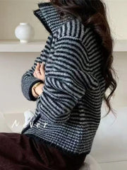 Harajuku Y2K Striped Cardigan Women Vintage Loose Casual Knitted Sweater Fall Winter Japan Retro Long Sleeve Female Soft Tops voguable