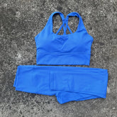 Voguable Solid Color Tight Women Cross Back High Impact Shoulder Strap Fitness Bra Top High Waist Yoga Legging 2pc Gym Yoga Set Sportwear voguable