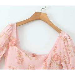 Floral Print Mini Dress Women Square Collar Sexy Backless Long Sleeve Dress Autumn French Elegant Party Clubwear