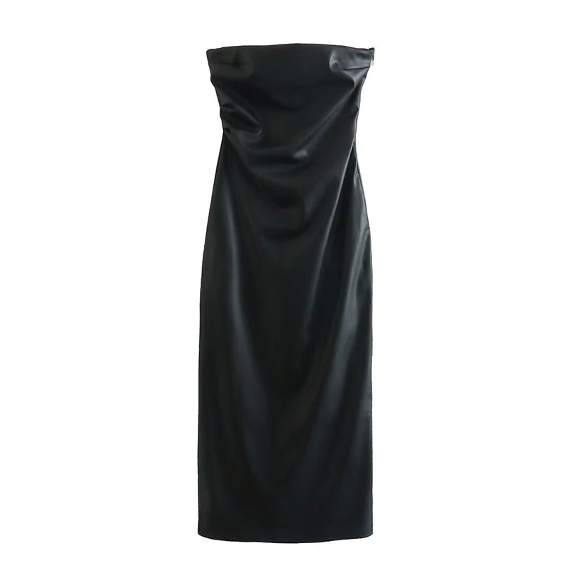 Sexy Women Faux Leather Strapless Dress Side Zipper Ruched Party Midi Dresses Black Vestidos