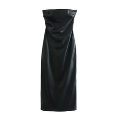 Sexy Women Faux Leather Strapless Dress Side Zipper Ruched Party Midi Dresses Black Vestidos