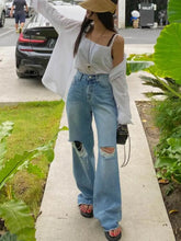 Vintage Streetwear Hole Jeans Women Fashion Loose Wide Leg Pants Summer Casual All Match Female Korean Straight Denim Trousers voguable