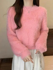 Women's Fuzzy Knitt Top Long Sleeve Mock Neck Fluffy Sweater Pullovers Cozy Plain Jumper Teen-girl Fall Winter Y2K Outfit voguable