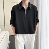 Mens Casual Polo Shirt Half Zip Contrast Collar Loose Fit Comfortable Turn Down Collar Tshirt Relaxed Breathable Top Fashion voguable