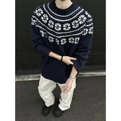 Vintage Navy Blue Sweater Jacquard O-Neck Knit Pullover New Autumn Winter Loose Couple Knitted Sweater Tops Aesthetic Streetwear voguable