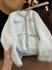 Faux Mink Cashmere Cardigan Coat Women Loose Sweet Long Sleeve Korean Knitted Jacket Sweater Fall Winter O Neck Cute Fashion Top voguable