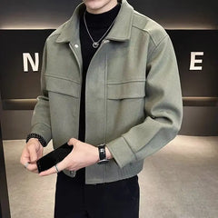 Korean Fashion Short Woolen Coat Men Loose Casual All-match Lapel Zipper High-end Men Clothing Woolen Jackets for Men Top M-3XL voguable