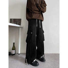 Baggy Casual Denim cargo Pant man Mopping Trousers Yellow Mud Ribbons Multi-pockets Drawstring Jeans for Men Harajuku Streetwear