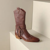 New Genuine Leather Retro Boots Women Zipper Mid Calf Boots Square High Heels Punk Chunky Cowboy Western Boots Female Shoes voguable