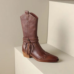 New Genuine Leather Retro Boots Women Zipper Mid Calf Boots Square High Heels Punk Chunky Cowboy Western Boots Female Shoes voguable