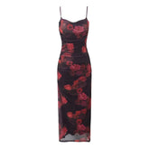 Sexy Women Vintage Floral Print Mesh Sling Long Dress Side Ruching Back Hem Slit Female Summer Dresses Bodycon Robe