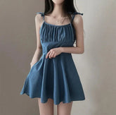 Voguable Slimming Summer Vintage Pleated A-Line Dress Women's Trendy Strapless Cotton High Waist Short Skirt Casual Style voguable