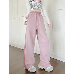 American Style Pink Striped Sports Women Spring Autumn Casual Thicken Sweatpants Loose Straight Elastic Waist Wide Leg Trousers voguable