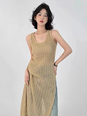 Voguable Designed Hollow Out Women Dress Loose Summer Korean Tanks Dress Casual Khaki Split Ladies Long Dress voguable