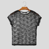 Summer Men T Shirt Lace Transparent O-neck Sleeveless Sexy Crop Tops Men Tees Streetwear 2025 Fashion Men Clothing S-5XL voguable