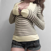 Voguable Slim Fit Striped T Shirt Women Spring Autumn Long Sleeve Vintage Harajuku Tees American Retro Hottie Streetwear V Neck Tops New voguable