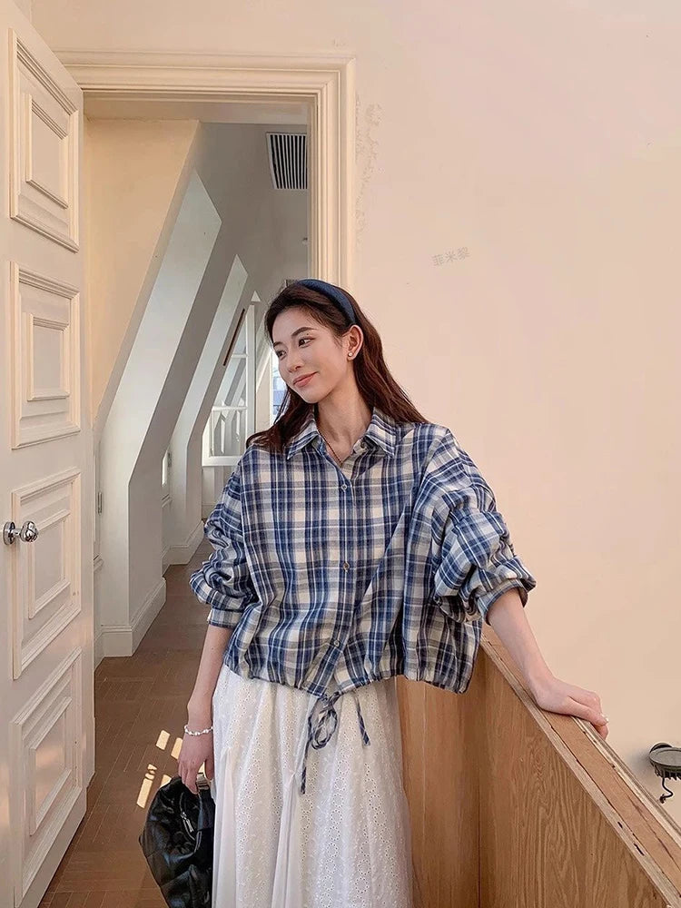 Blue Plaid Shirt for Women Autumn Korean Loose Drawstring Long Sleeve Female Tops Y2K Retro Preppy Single Breasted Blouse Ladies voguable