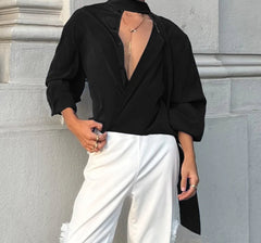 Fashion Men Shirt Solid Color Stand Collar Long Sleeve Male Shirt With Belt Streetwear 2025 Oversize Casual Men Clothing voguable