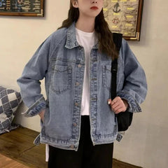 Vintag Distressed Autumn New Denim Jackets Women Lapel Solid Pockets Button High Street Long Sleeve Loose Short Cowboy Coats Top voguable
