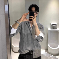 New Korean Fashion Men Cardigan Light Luxury Knitted O Neck Long Sleeve Sweater Coats Autumn Leisure Premium Jacquard Knitwear voguable