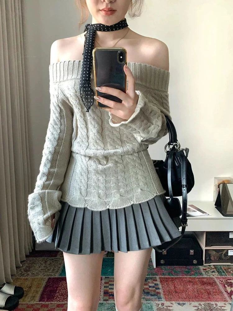 Korean Style Sexy Off Shoulder Sweater Women Sweet Elegant Long Sleeve Knitted Pullover Cute Fashion Slim Up Sweaters voguable
