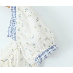 High Quality Women Vintage Drawstring Lace Trim Floral Print Mini Dress Puff Sleeve Ruffle Hem Summer Female Party Robe