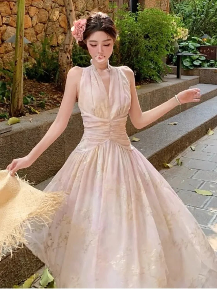 Women's French Floral Print Halther Dresses Summer Elegant V-Neck Slim Lace-up Midi Dress Sexy Beach Holiday 2025 New Fashion voguable