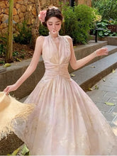 Women's French Floral Print Halther Dresses Summer Elegant V-Neck Slim Lace-up Midi Dress Sexy Beach Holiday 2025 New Fashion voguable