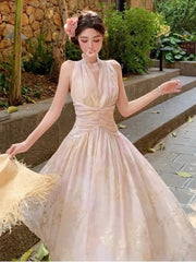 Women's French Floral Print Halther Dresses Summer Elegant V-Neck Slim Lace-up Midi Dress Sexy Beach Holiday 2025 New Fashion voguable