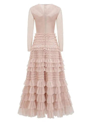 Solid Lace Mesh Spliced Dresess For Women Round Neck High Waist Long Sleeve Elegant Dress Female Spring 2025 New voguable