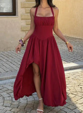Voguable Summer New Women's Fashion Elegant Style Solid Color Hanging Collar Strapless Waist Dress Women's Wear voguable