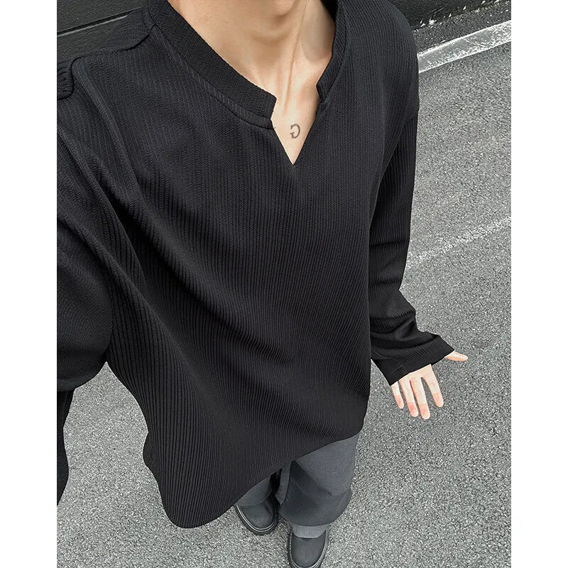 Long Sleeved T-shirt Men Fashion White Casual V-neck T Shirt Men Streetwear Korean Loose Pleated T Shirt Mens Top Plus Size 5XL voguable